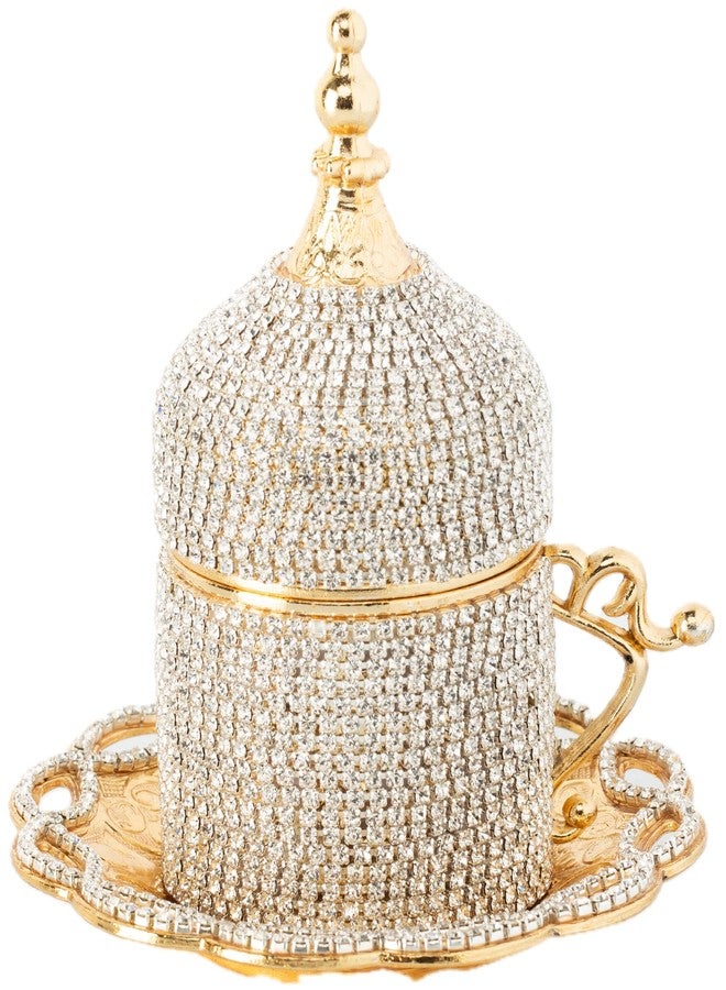 ديمكس فنجان قهوة تركي وإسبريسو من ديمكس، فنجان قهوة تركي يوناني عربي فاخر مع بطانة داخلية من البورسلين، وحامل معدني، وصحن وغطاء، مصنوع يدويًا مع كريستالات، 2 أونصة - 60 مل (ذهبي مع كريستالات) - Image 1