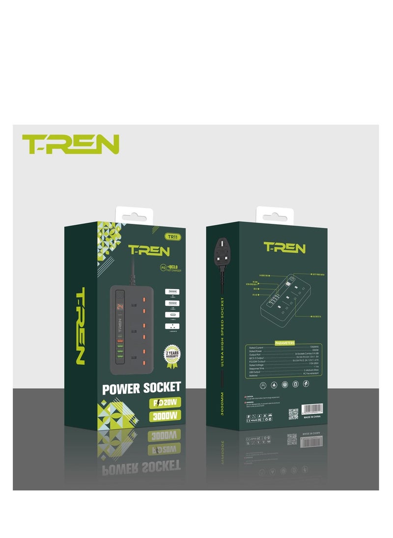 Generic - T-REN 3000W Smart Power Strip with 3 Outlets, 4 USB Ports, 1 PD1 Port, 3 Meter Cord for Flexible Use - Image 1