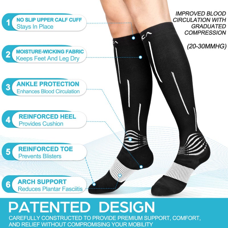 نينكا جوارب Neenca Compression Socks Medical Athletic العجل لاستعادة الإصابات وتخفيف الألم حماية رياضية -1 زوج 20-30 مم زئبق - Image 2