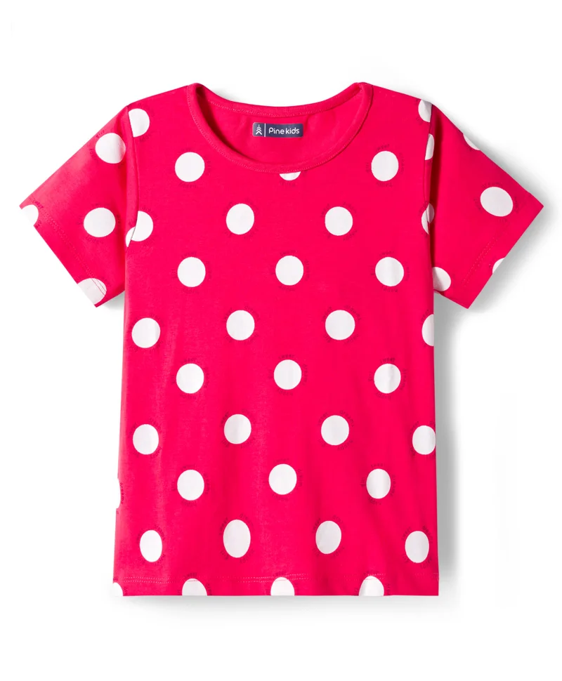 Pine Kids Pine Kids Single Jersey Knit Half Sleeves Capri Night Suit with Polka Dots Print - Raspberry