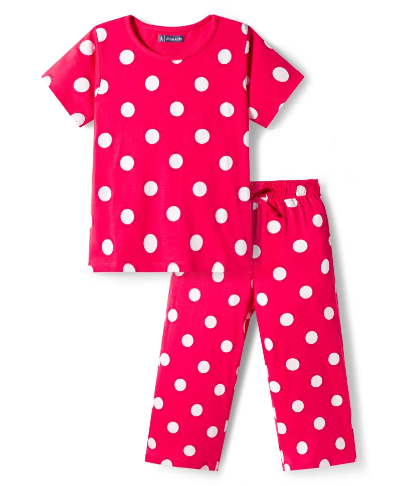 Pine Kids Pine Kids Single Jersey Knit Half Sleeves Capri Night Suit with Polka Dots Print - Raspberry