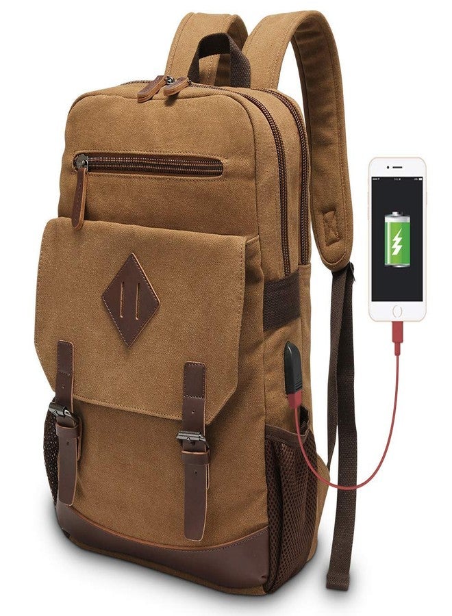 Modoker Eco-Friendly Canvas Backpack for Men Women, Vintage Rucksack Fits Most 15.6 Inch Laptop, Bookbag with USB Charging Port, Brown - Image 1