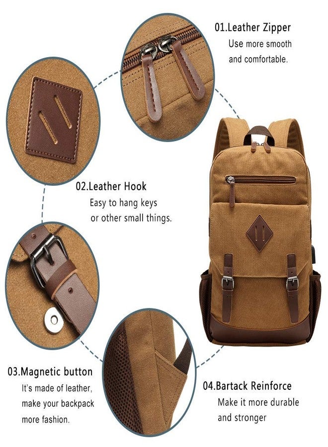 Modoker Eco-Friendly Canvas Backpack for Men Women, Vintage Rucksack Fits Most 15.6 Inch Laptop, Bookbag with USB Charging Port, Brown - Image 3