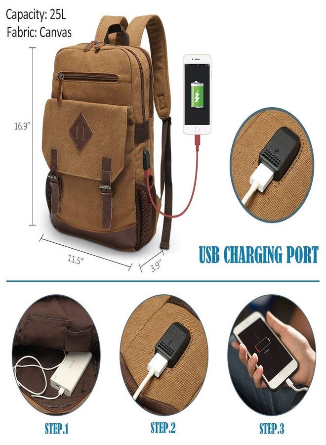 Modoker Eco-Friendly Canvas Backpack for Men Women, Vintage Rucksack Fits Most 15.6 Inch Laptop, Bookbag with USB Charging Port, Brown - Image 2
