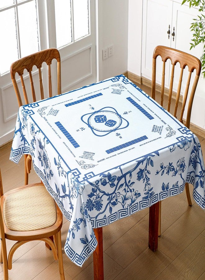 Oudain مفرش طاولة ماجونغ أودين تشينوازري مزخرف بالأزهار 55x 55 بوصة مفرش طاولة مربع غطاء طاولة الألعاب مع قواعد اللعبة للمبتدئين في الماجونغ، ألعاب الورق، ألعاب اللوح، ألعاب البلاط (أزرق وأبيض) - Image 1