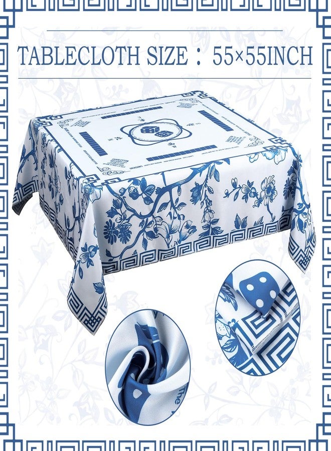 Oudain مفرش طاولة ماجونغ أودين تشينوازري مزخرف بالأزهار 55x 55 بوصة مفرش طاولة مربع غطاء طاولة الألعاب مع قواعد اللعبة للمبتدئين في الماجونغ، ألعاب الورق، ألعاب اللوح، ألعاب البلاط (أزرق وأبيض) - Image 2
