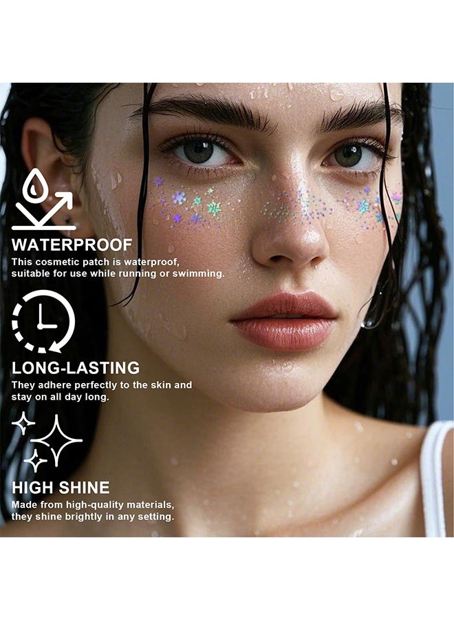 ٨ قطع من رقع مكياج الوجه، وشم الوجه بالبريق للنمش للمراهقات والشابات، رقع مكياج النمش اللامع، نمش الوجه المقاوم للماء لعيد الميلاد، وشوم الوجه المؤقتة مع رقع التوهج اللامع (٨ قطع هولوغرافي متعدد الألوان) - Image 3