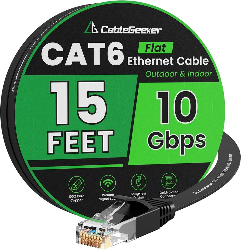 CableGeeker Cat 6 Ethernet Cable 15 ft, Indoor&Outdoor, High Speed 10Gbps Flat Internet Network Cable, Pure Copper Ethernet Patch Cable Long, Computer LAN Cable with Clips & Straps for Router, Modem, PS4/5, Black - Image 1