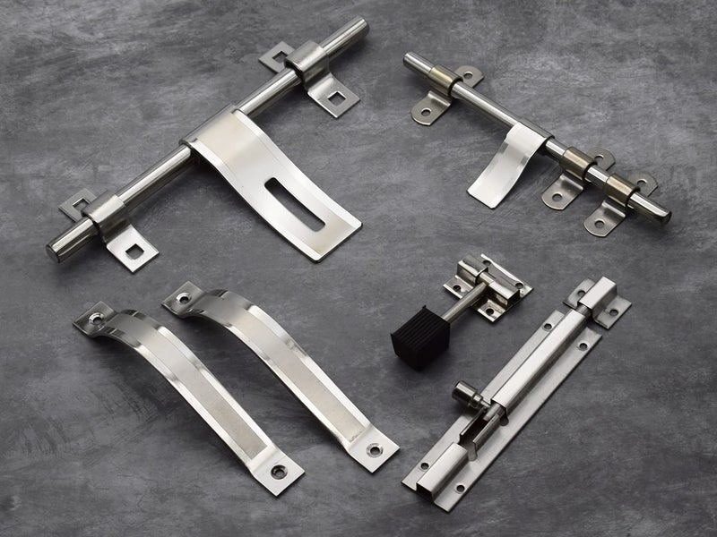RAB Door Kit 10" Inch Stainless Steel for doors (1-Aldrop, 1-Latch, 2-Handle, 1-Tower Bolt, 1-Door Stopper, Code:-Laher Sml , Size:- 10" 2mm, pack of 1 door set ) - Image 1