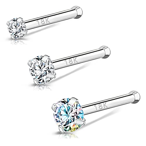 BodyAce 18K White Gold Nose Rings for Women Men, 20g Real Solid 18k Nose Rings Studs, Simulated Diamond Nose Piercing Jewelry 1.5mm 2mm 3mm (B:Bone) - Image 1