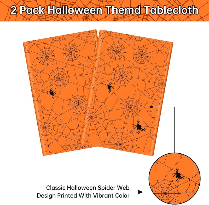Litmitfu 2 Pcs Halloween Tablecloth - Plastic Halloweens Spider Webs Table Cloth, Orange Disposable Rectangle Spiderweb Table Cover for Halloween Party Decorations Supplies Favors Tables Decor, 108 x 54 Inch - Image 4