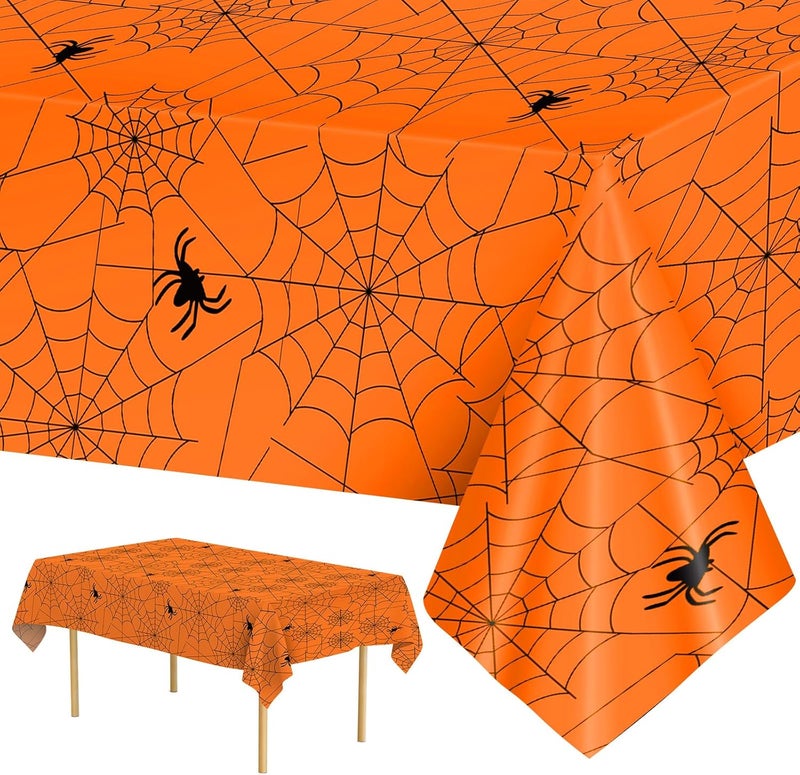 Litmitfu 2 Pcs Halloween Tablecloth - Plastic Halloweens Spider Webs Table Cloth, Orange Disposable Rectangle Spiderweb Table Cover for Halloween Party Decorations Supplies Favors Tables Decor, 108 x 54 Inch - Image 1