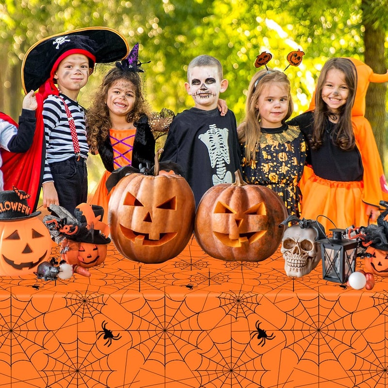 Litmitfu 2 Pcs Halloween Tablecloth - Plastic Halloweens Spider Webs Table Cloth, Orange Disposable Rectangle Spiderweb Table Cover for Halloween Party Decorations Supplies Favors Tables Decor, 108 x 54 Inch - Image 2