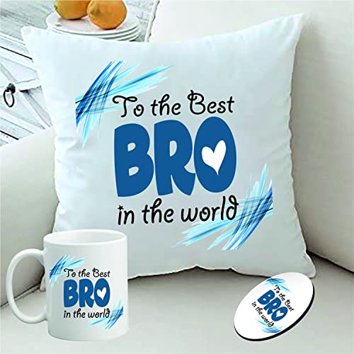 PICRAZEE “Best Bro in The World” Gift for Brother on Birthday | Raksha Bandhan (1 pc12”x12” Satin Cushion with Filler, Coffee Mug&Fridge Magnet) (Best Bro in The World) - Image 1