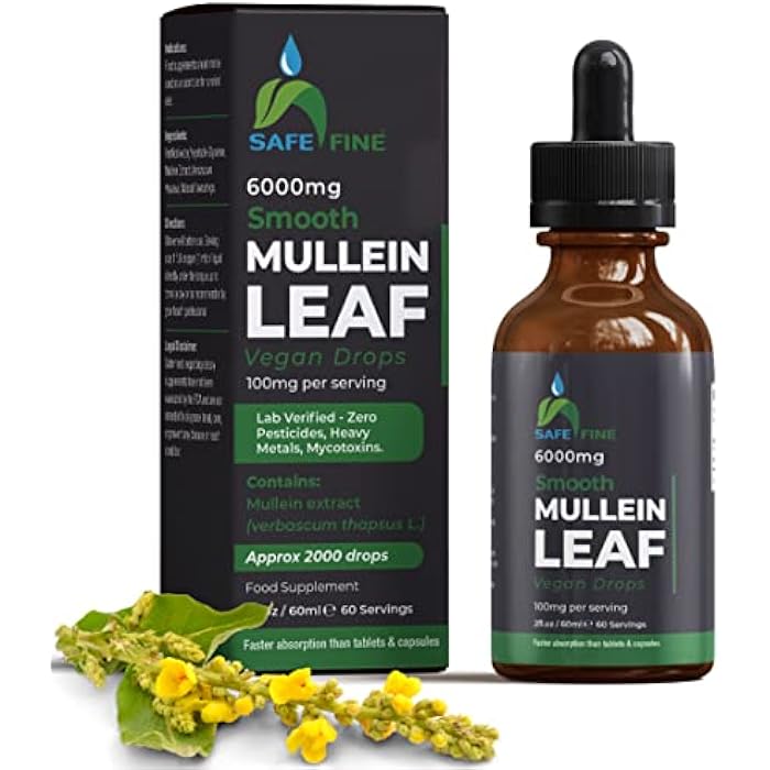 safefine Mullein Leaf Extract Drops 2 fl oz (60ml) – Alcohol Free Liquid Herbal Supplement for Lung Support – Vegan, Non-GMO – Dropper Included - Image 1