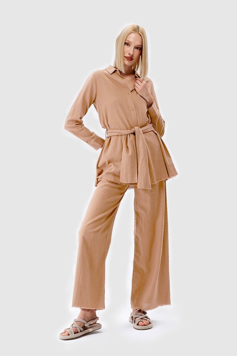 Açelya Okcu AÇELYAOKCU Oversize Tied Waist Shirt Casual Trousers Top-Bottom Set - Image 1