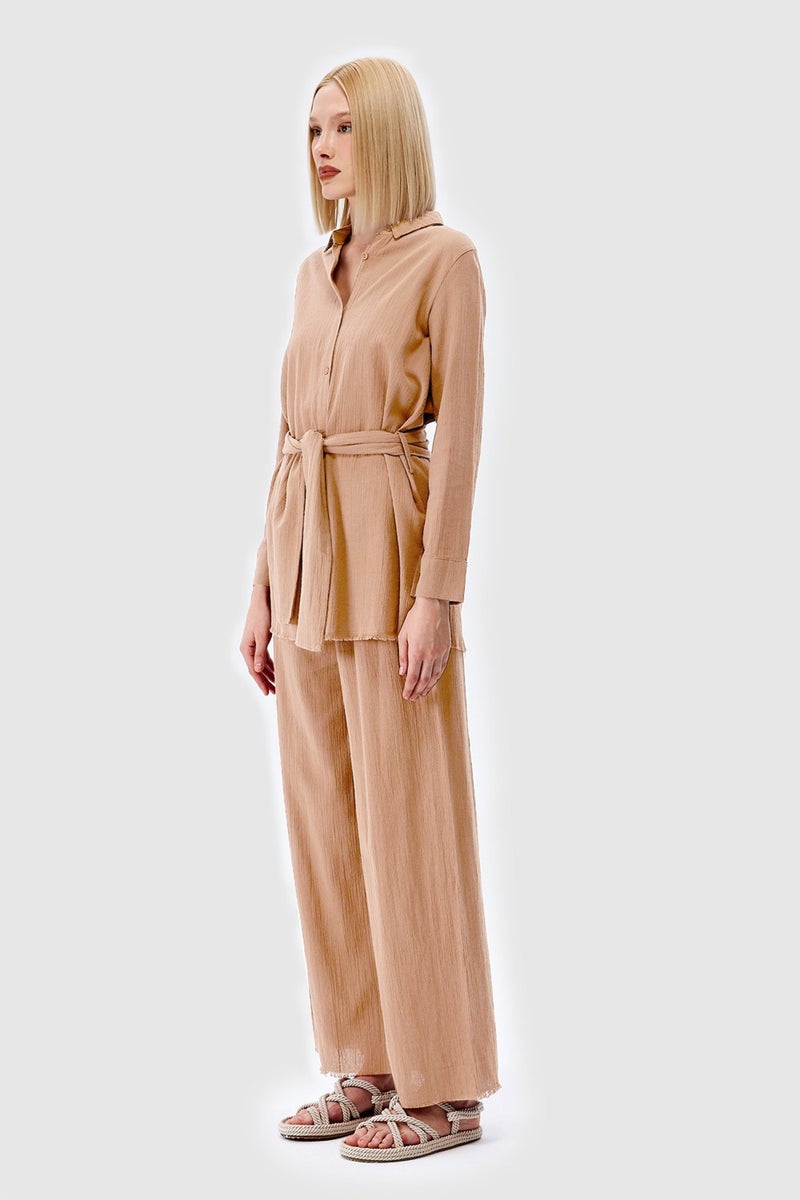 Açelya Okcu AÇELYAOKCU Oversize Tied Waist Shirt Casual Trousers Top-Bottom Set - Image 3
