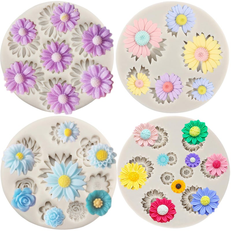 Sijiangmold Daisy Flower Silicone Molds Chrysanthemum Fondant Molds Small Flower Chocolate Mold For Cake Decorating Candy Gum Paste Crafting Polymer Clay Set Of 4