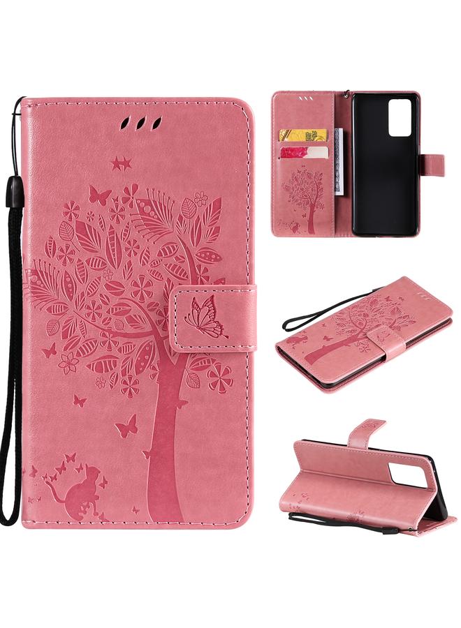 اس-توب جراب لهاتف OPPO Reno6 Pro 5G، جراب جلدي PU قلاب أفقي بطباعة مضغوطة بنقشة شجرة وقط، مع حامل وفتحات للبطاقات ومحفظة وحبل تعليق - Image 1
