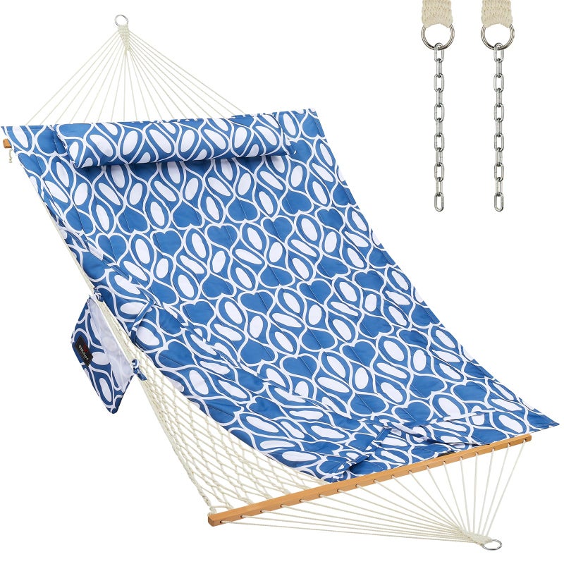 CHULIM Outdoor Double Hammock with Hardwood Spreader Bars, Large Rope Hammock with Polyester Pad and Pillow, 475 LBS Capacity for 2 Person Patio Backyard Poolside - Tan - Image 1