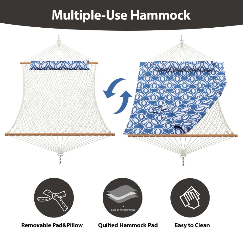 CHULIM Outdoor Double Hammock with Hardwood Spreader Bars, Large Rope Hammock with Polyester Pad and Pillow, 475 LBS Capacity for 2 Person Patio Backyard Poolside - Tan - Image 4