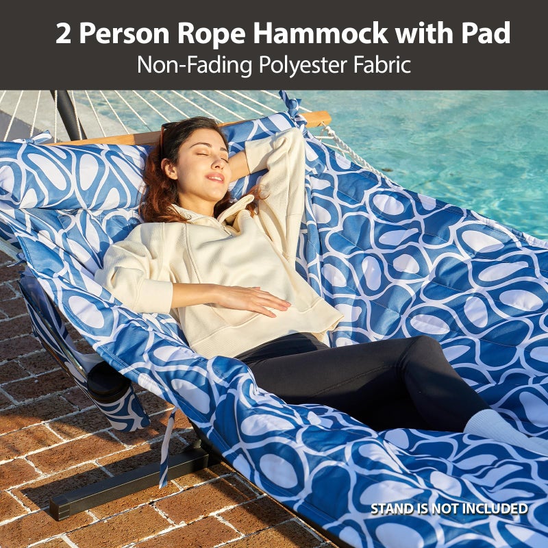 CHULIM Outdoor Double Hammock with Hardwood Spreader Bars, Large Rope Hammock with Polyester Pad and Pillow, 475 LBS Capacity for 2 Person Patio Backyard Poolside - Tan - Image 2