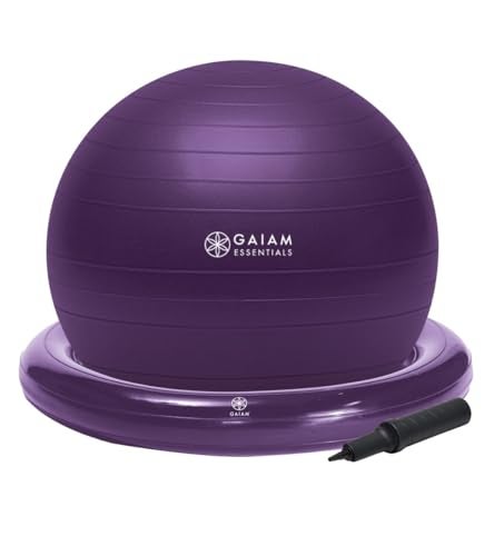 Gaiam Essentials Balance Ball & Base Kit, 65cm Yoga Ball Chair, Exercise Ball with Inflatable Ring Base for Home or Office Desk, Includes Air Pump - Purple - Image 3