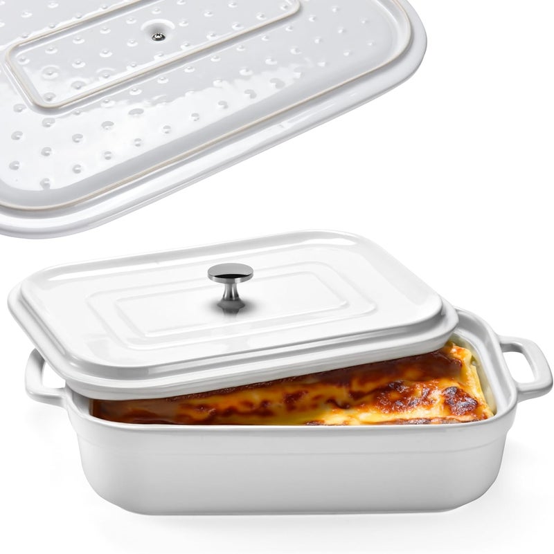Bruntmor Stoneware Casserole With Lid  Rectangular Pan with Lid  Covered Stoneware Cookware Pans Stone Set  Freezer  Oven Safe Stone Bakeware for Baking Lasagna and Other Baked Dish and Food Deep - Image 1