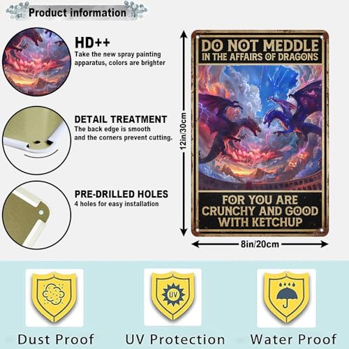 GJXFTPTTBD Metal Sign Funny Dragon Decor Do Not Meddle in The Affairs of Dragons Vintage Tin Sign for Man Cave Bar Study Home Decor 12x8 Inch - Image 2