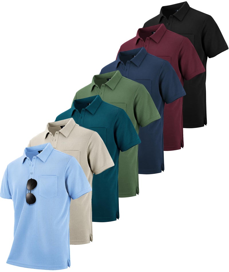 SCODI 7 Pack Polo Shirts for Men with Pocket Moisture Wicking Golf Polo Shirt Short Sleeve Outdoor Work Tactical Tshirt Navy Black Green lightkhaki WineRed lightblue tealblue L - Image 1