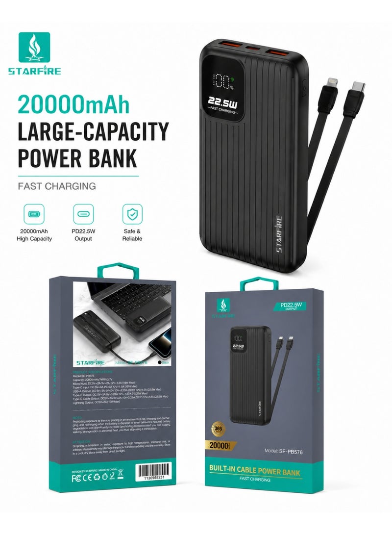 Starfire Power Bank, 20000mAh Portable Charger with Built-In USB-C & Lightning Cables, 22.5W Fast Charging, PD20W, LED Display, for iPhone, Samsung and More - Image 1