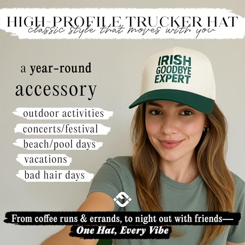 Funky Junque Green Vintage Snapback Trucker Cap, Embroidered Adjustable St Patrick's Day Irish Hat for Men and Women - Irish Goodbye Expert - Green/Beige - Image 2