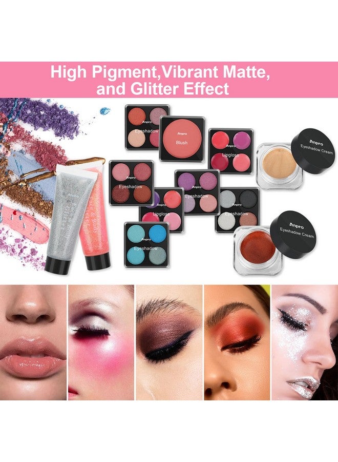 Anpro Allinone Makeup Carry Case With Pro Teen Makeup Set Full Starter Cosmetics Kit With Makeup Brushes Lipsticks Eye Shadows Palette Blushes Glitter Gelpink - Image 3