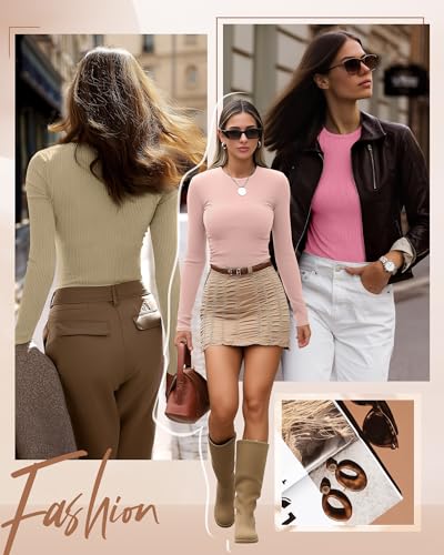 Ficerd 3 Pack Womens Ribbed Long Sleeve Tops Crew Neck Slim Fit Undershirts Knit Basic Casual Stretch Layering Tee ShirtsLight Khaki Sakura Pink Light PinkSmall - Image 3