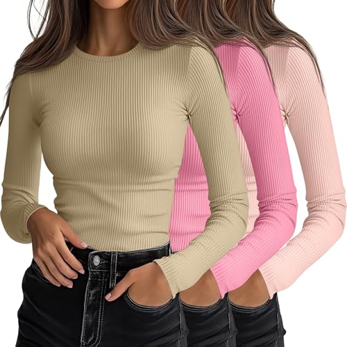 Ficerd 3 Pack Womens Ribbed Long Sleeve Tops Crew Neck Slim Fit Undershirts Knit Basic Casual Stretch Layering Tee ShirtsLight Khaki Sakura Pink Light PinkSmall - Image 1