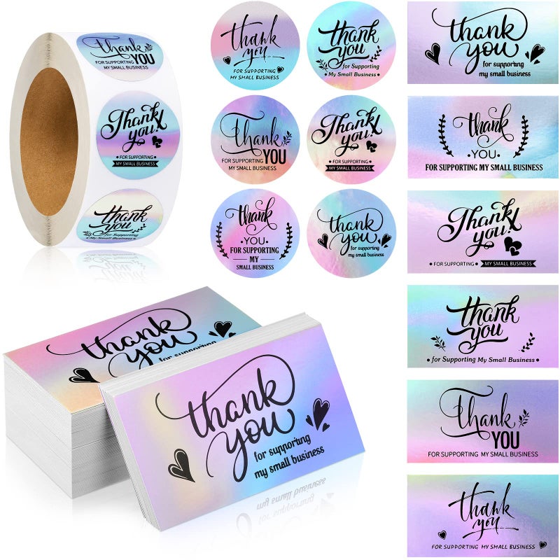 Tenare 1120 Pcs Thank You Cards and Stickers Set, Include 120 Business Card 1000 Roll Labels Thank You for Supporting My Small Business Stickers Package Insert(Holographic Style) - Image 1