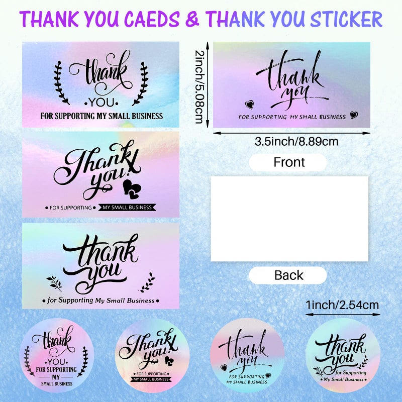 Tenare 1120 Pcs Thank You Cards and Stickers Set, Include 120 Business Card 1000 Roll Labels Thank You for Supporting My Small Business Stickers Package Insert(Holographic Style) - Image 2