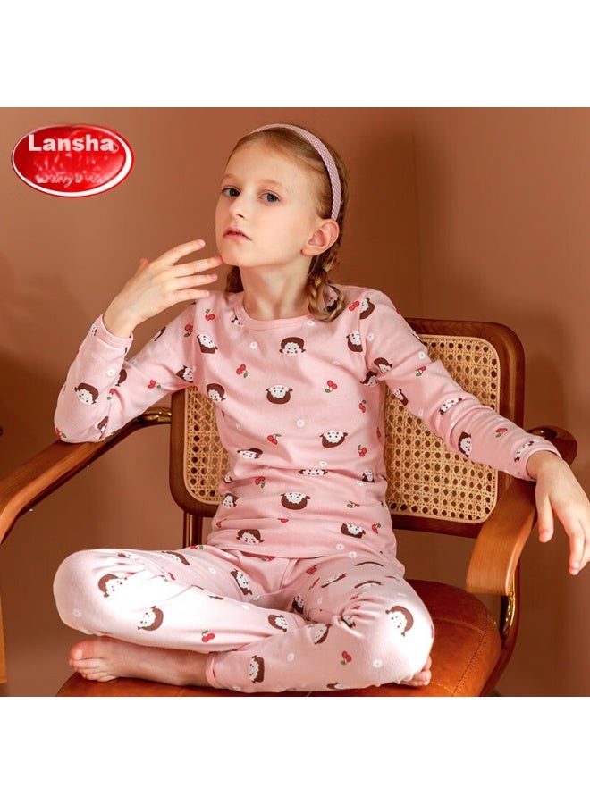 LANG SHA Langsha Children's Thermal Underwear, Girls' Autumn And Winter Pure Cotton Class A Undershirt And Pants, Comfortable Pajamas, Student Underwear Set For Older Children, Pink Floral Print, Size 150 (recommended Height 140-150cm)  - Image 1