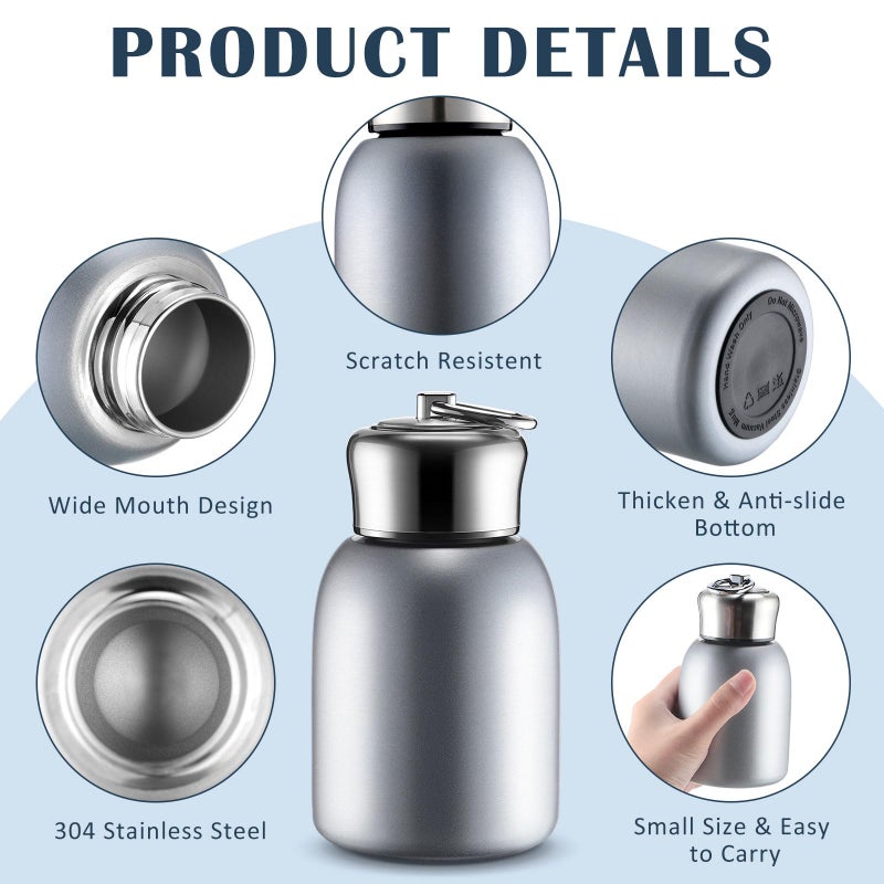Mifoci 1 Pcs 10oz Mini Water Bottles Stainless Steel Slim Insulated Thermal for Hot Cold Drink Thermal Small Vacuum Portable Water Bottle for Women Gifts Travel Camping Hiking (Silver) - Image 3