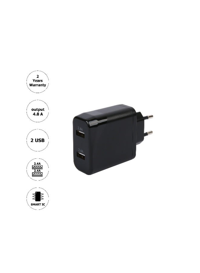 أوت بوكس شاحن منزلي 4.8 أمبير، 2 منفذ USB (2.4 أمبير + 2.4 أمبير)، أسود - Image 3