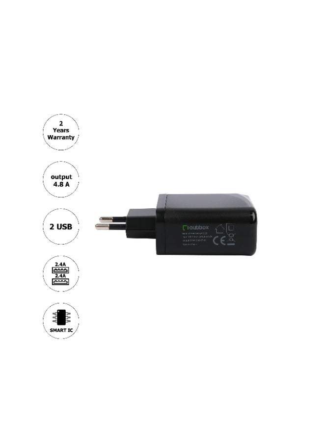 أوت بوكس شاحن منزلي 4.8 أمبير، 2 منفذ USB (2.4 أمبير + 2.4 أمبير)، أسود - Image 4