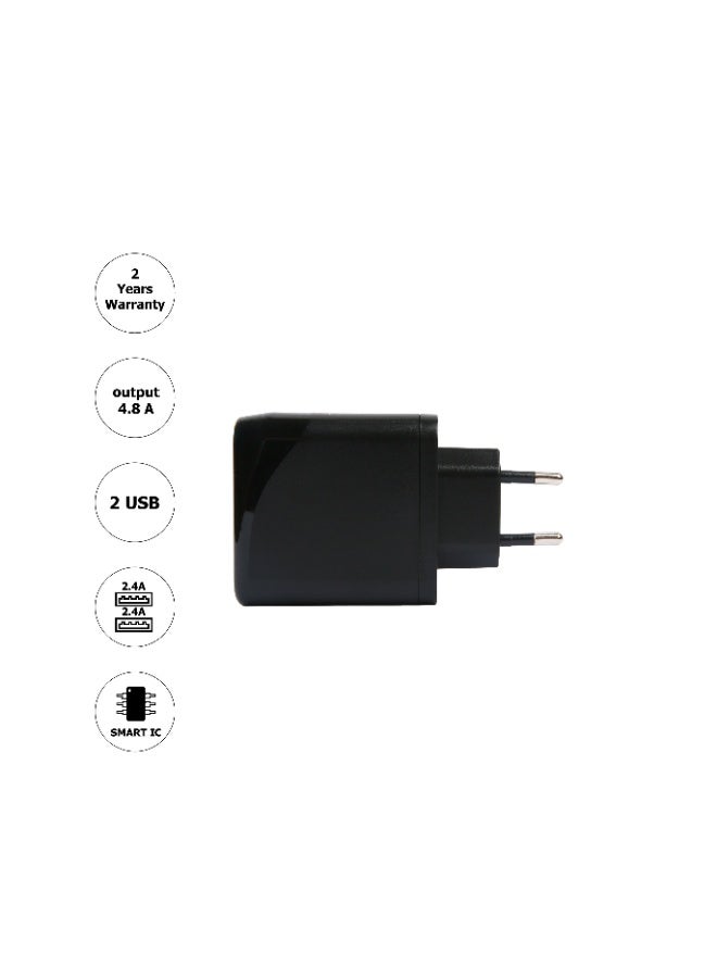أوت بوكس شاحن منزلي 4.8 أمبير، 2 منفذ USB (2.4 أمبير + 2.4 أمبير)، أسود - Image 2