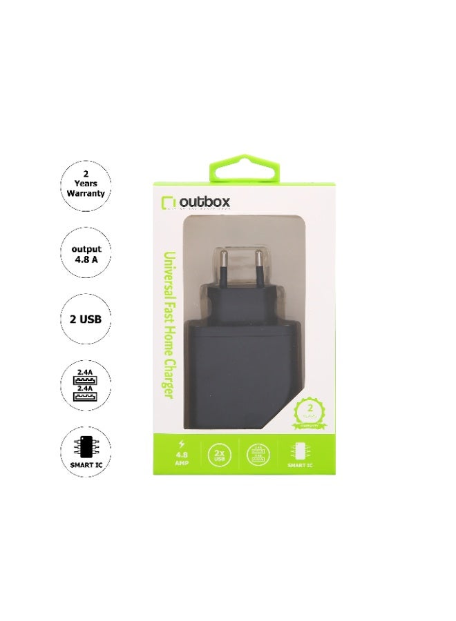 أوت بوكس شاحن منزلي 4.8 أمبير، 2 منفذ USB (2.4 أمبير + 2.4 أمبير)، أسود - Image 1