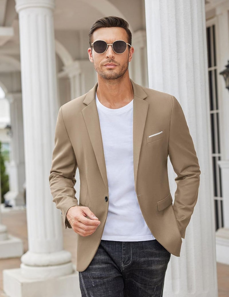COOFANDY Men's Slim Fit Casual Blazer Jacket - Lightweight One Button Tuxedo in Light Khaki - Image 2