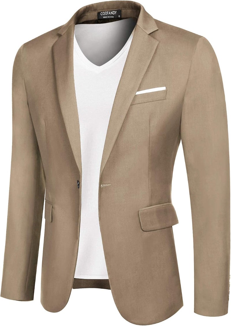 COOFANDY Men's Slim Fit Casual Blazer Jacket - Lightweight One Button Tuxedo in Light Khaki - Image 1