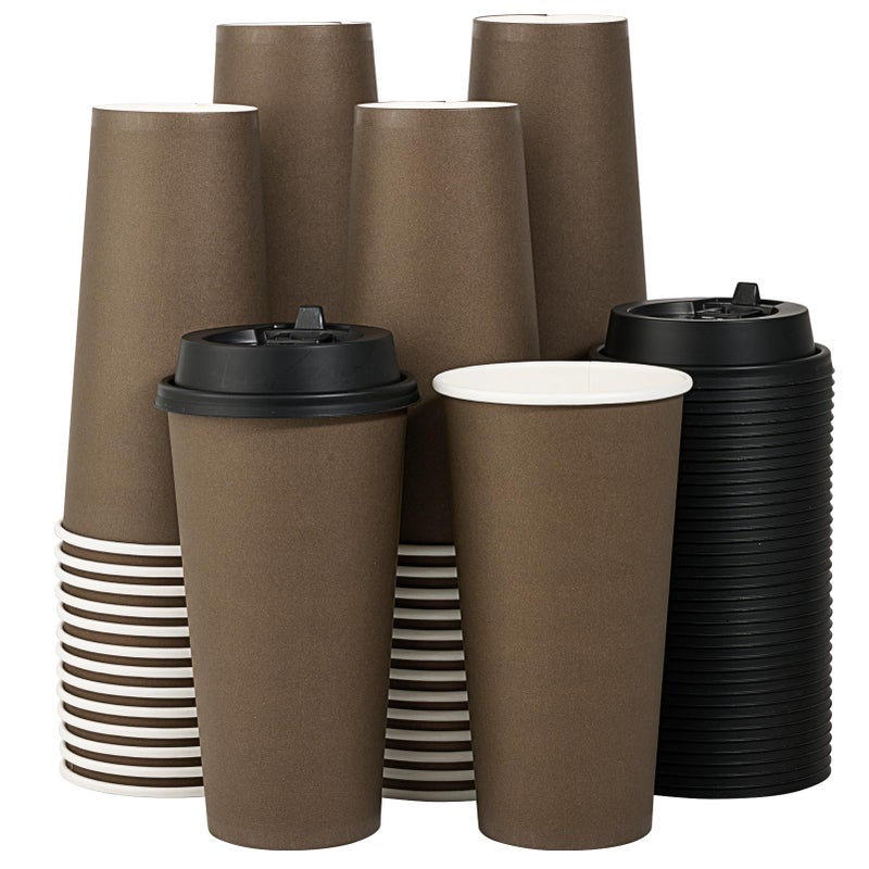 LITOPAK 100 Pack 20 oz Disposable Paper Coffee Cups with Lids for Coffee Water Juice or Tea Brown Hot Paper Cups for Home Restaurant Store and Cafe