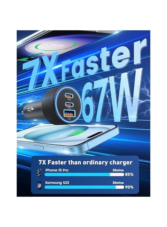 USB C Car Charger, 3-Port 67W Dual USB-C & USB-A Car Power Adapter PD/QC Fast Charging Lighter for iPhone 16/15/14/13/12/11/Pro Max, iPad, Samsung Galaxy S25 S24/S23/S22/S21, Pixel, Android - Image 2
