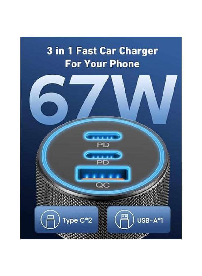 USB C Car Charger, 3-Port 67W Dual USB-C & USB-A Car Power Adapter PD/QC Fast Charging Lighter for iPhone 16/15/14/13/12/11/Pro Max, iPad, Samsung Galaxy S25 S24/S23/S22/S21, Pixel, Android - Image 3