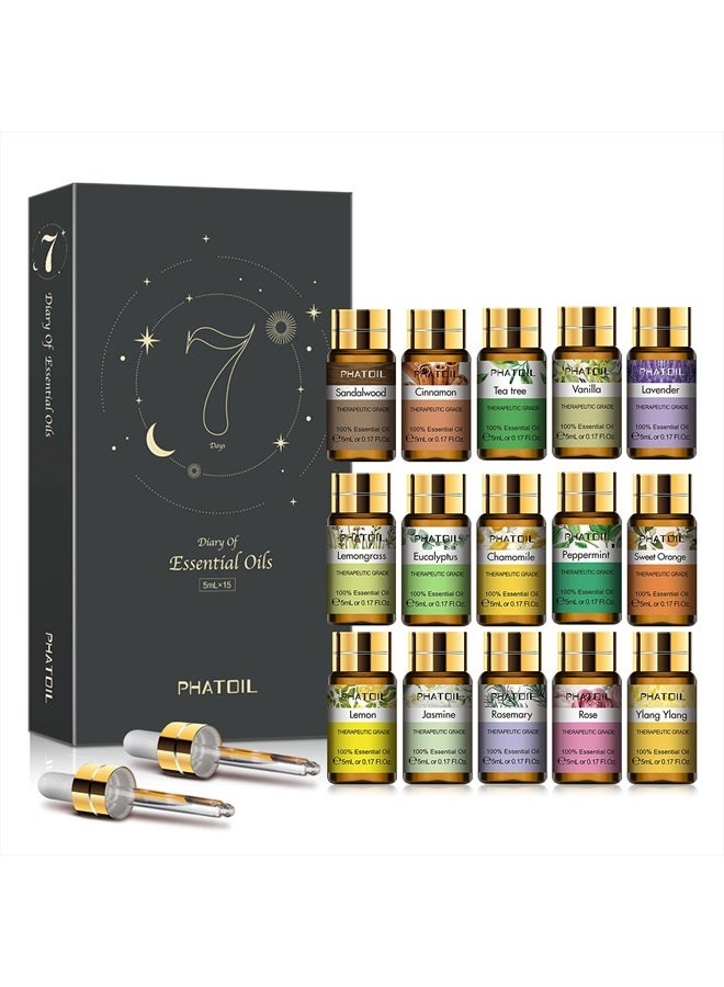 PHATOIL Essential Oils Gift Set 15 x 5ml, Pure Essential Oil Aromatherapy Oil for Skin Care, Hair Care, Bath, Ideal for Humidifier, Diffuser, Relax - Image 1