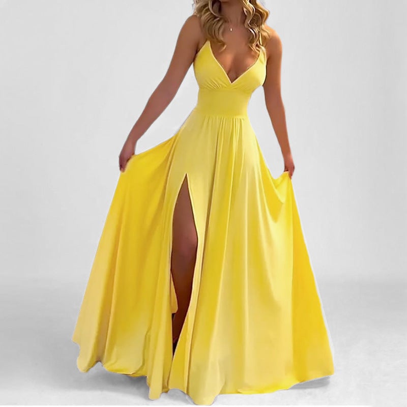 2026 Spring Women's Spaghetti Strap Dress, Solid Color Slit Long Dress - Image 1